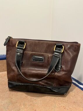 Tignanello Brown Leather Shoulder Bag with Black Patch
